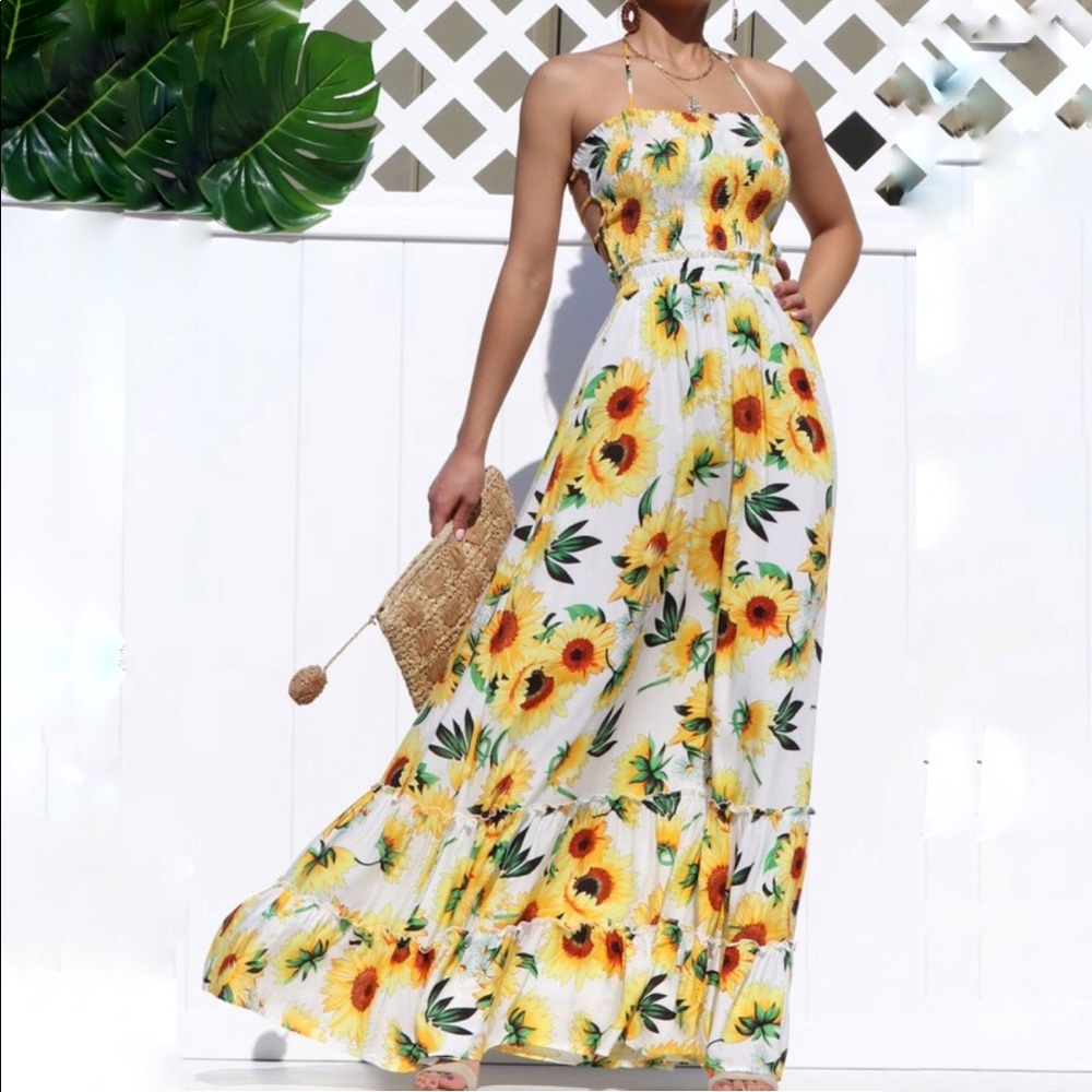 Sunflower Open Back Maxi Dress Sleeveless Sundress - Picture 5 of 8